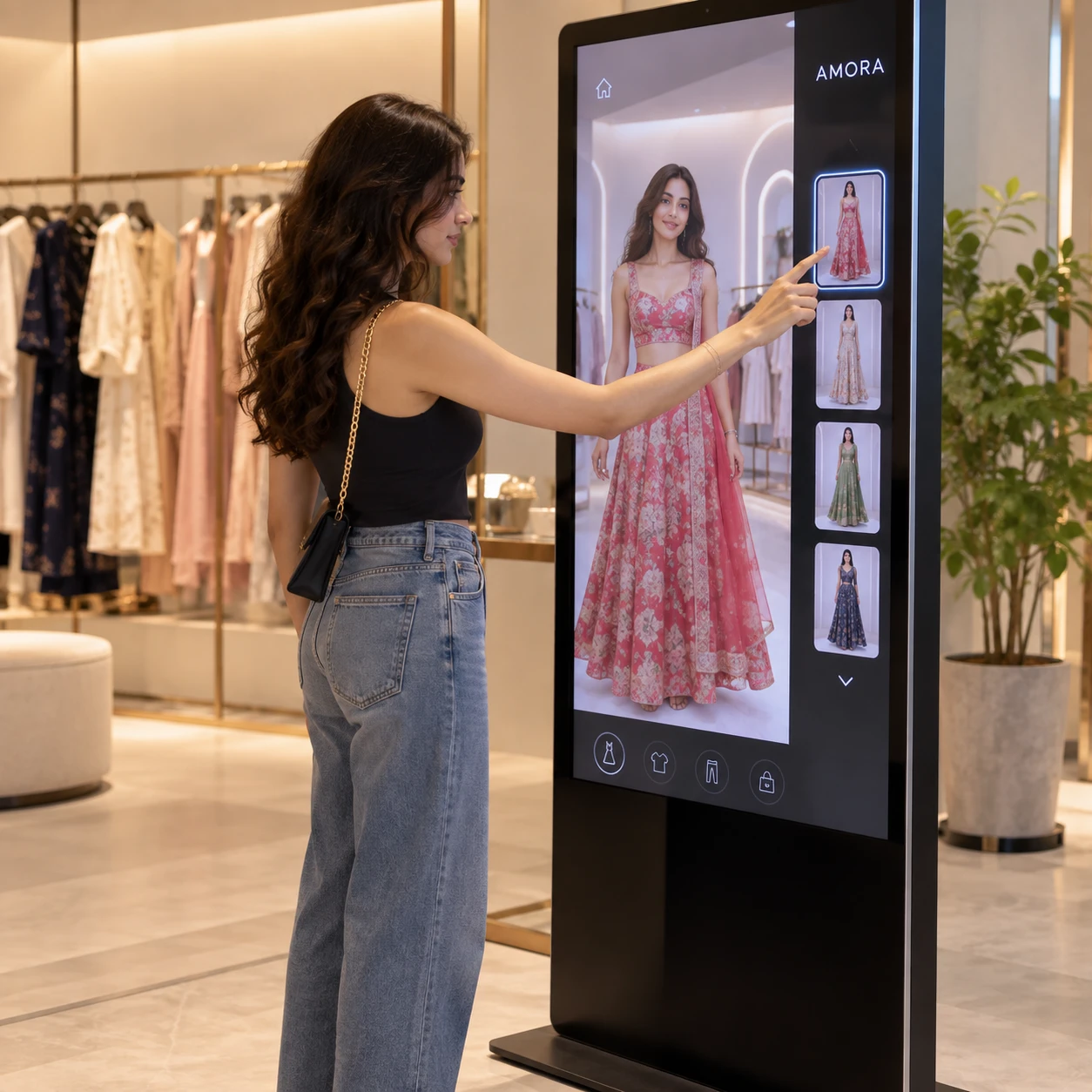A shopper at an in-store Amora kiosk, seeing a lehenga rendered on herself while she browses other styles